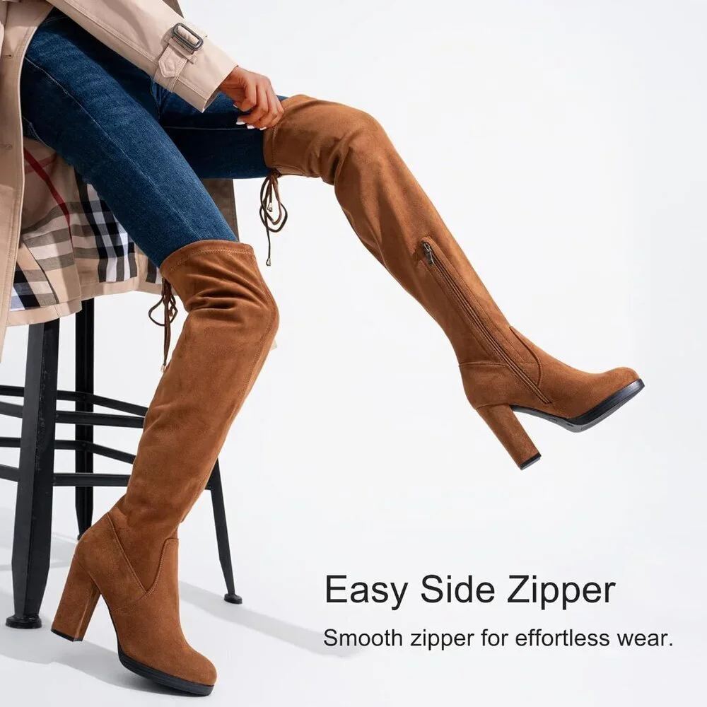 Women's Camel-imitation Suede Thigh High Over The Knee Rounded Toe Tall Boot